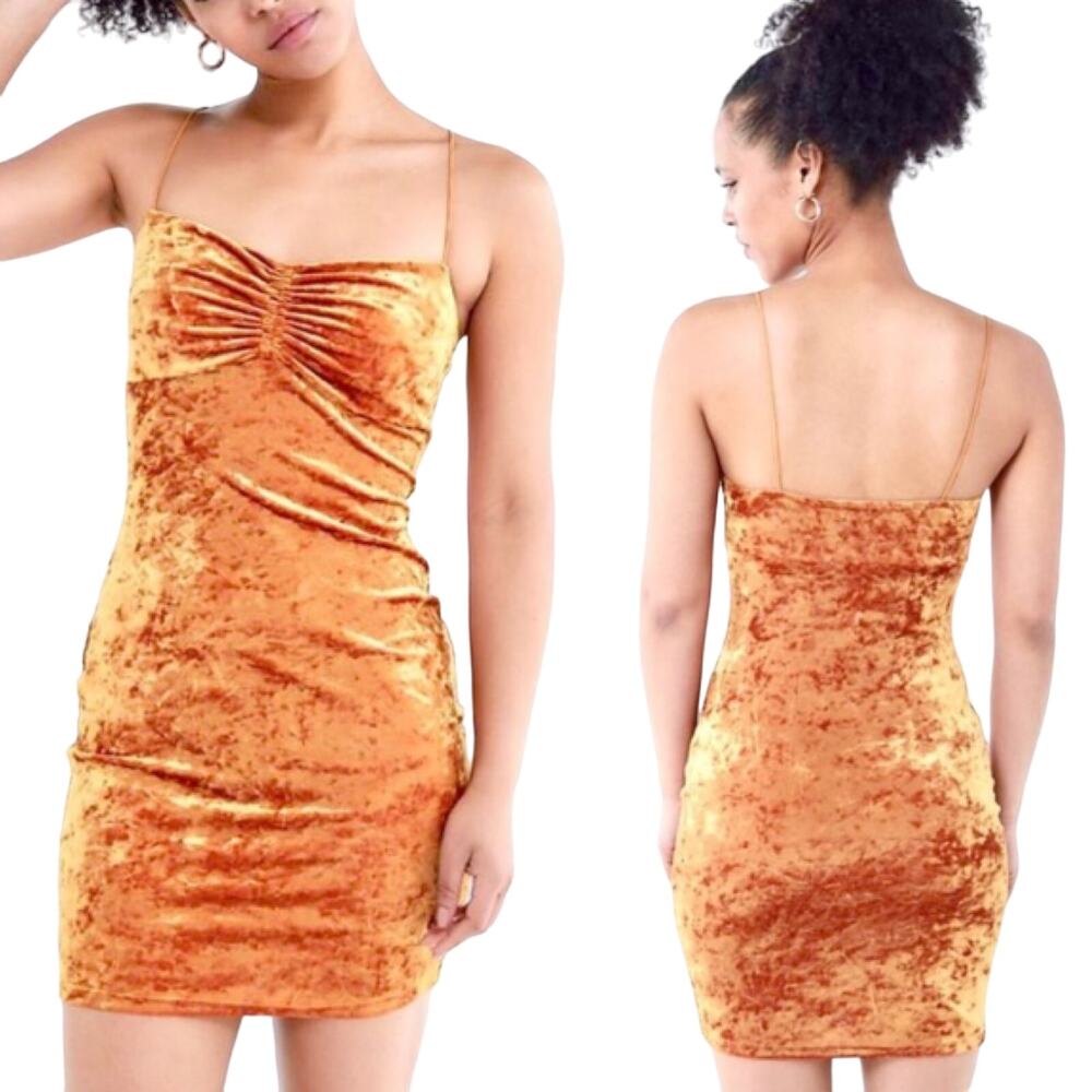 Urban Outfitters Crushed Velvet Mini Dress Bodycon Sweetheart Strappy Orange L